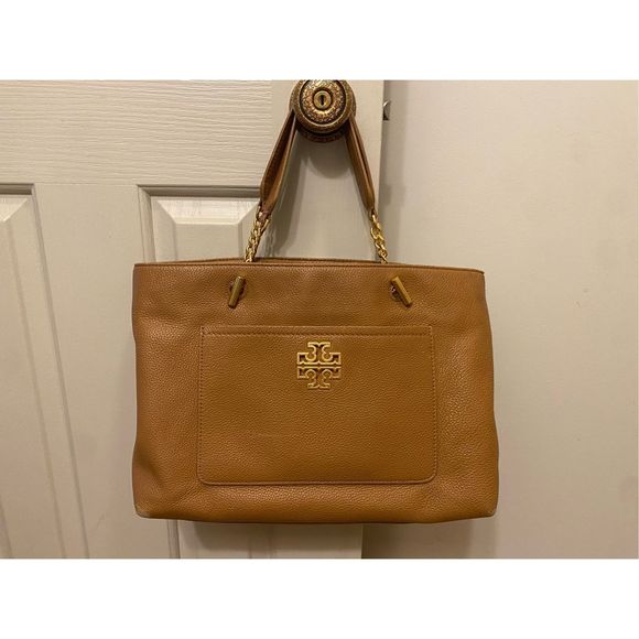 Tory Burch Britten Leather Satchel Tote/Shoulder Bag Bark Brown Tan, MSRP $495 - Picture 4 of 15